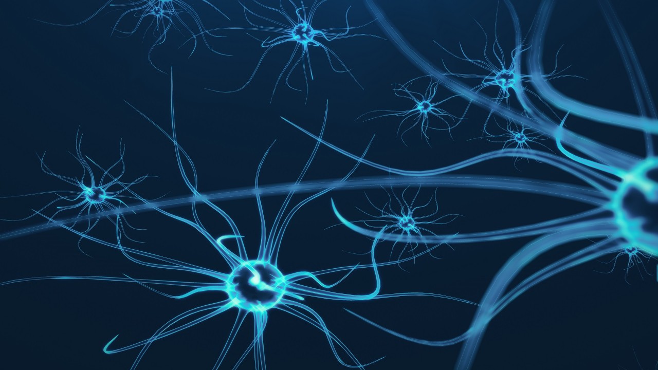 Conceptual illustration of neuron cells with glowing link knots. Synapse and Neuron cells sending electrical chemical signals. Neuron of Interconnected neurons with electrical pulses. 3D rendering