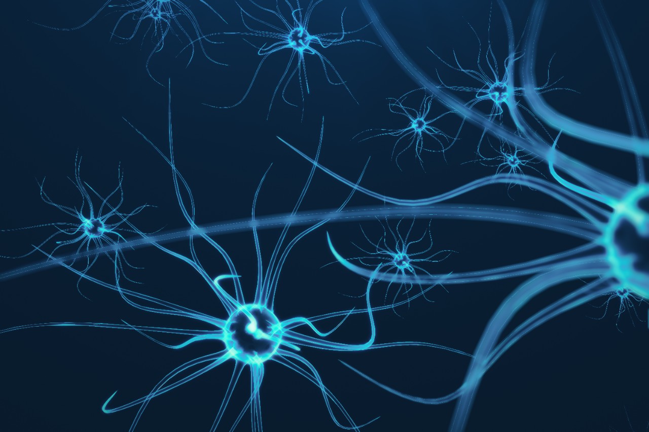Conceptual illustration of neuron cells with glowing link knots. Synapse and Neuron cells sending electrical chemical signals. Neuron of Interconnected neurons with electrical pulses. 3D rendering