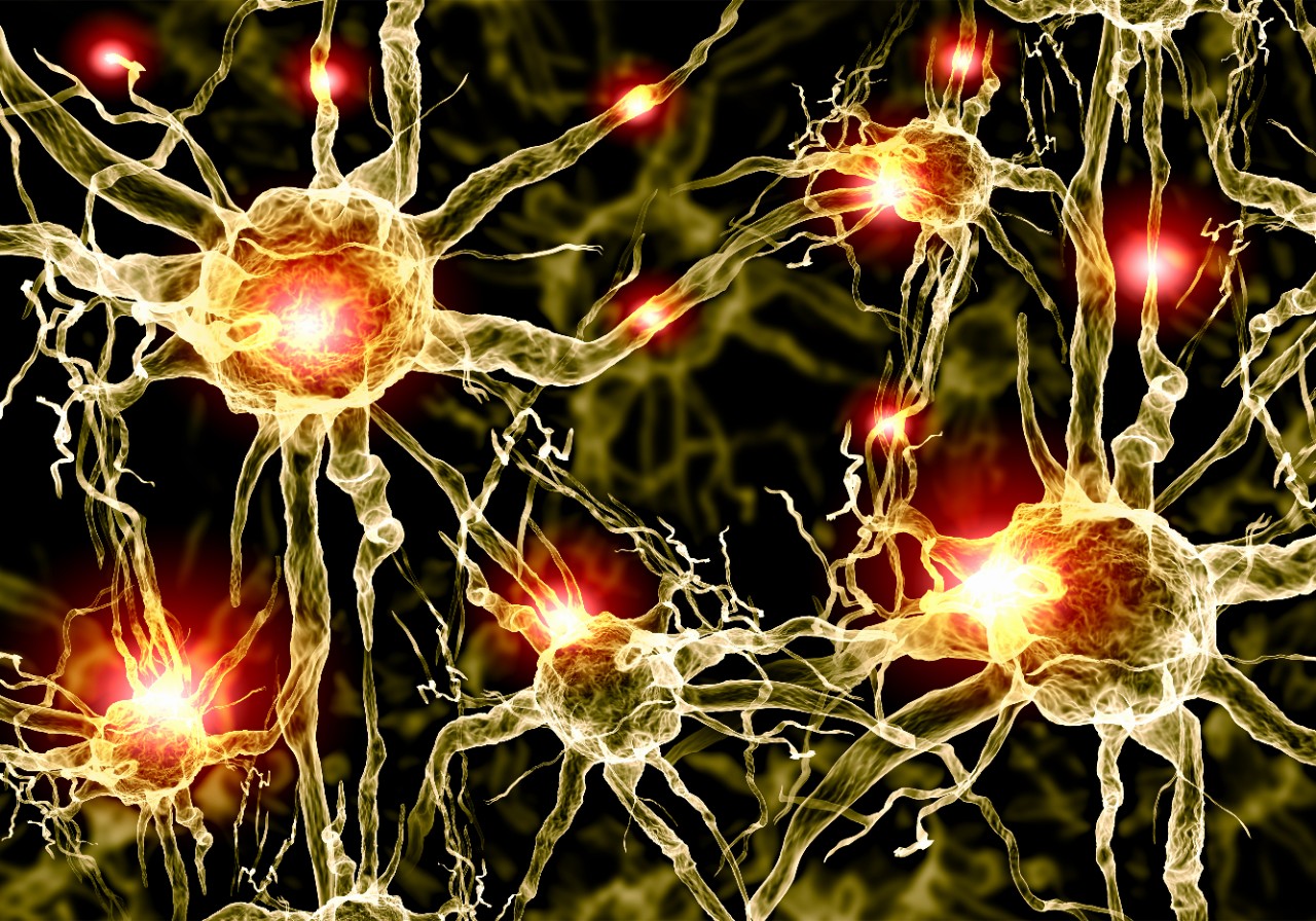 Illustration of a nerve cell on a colored background with light effects